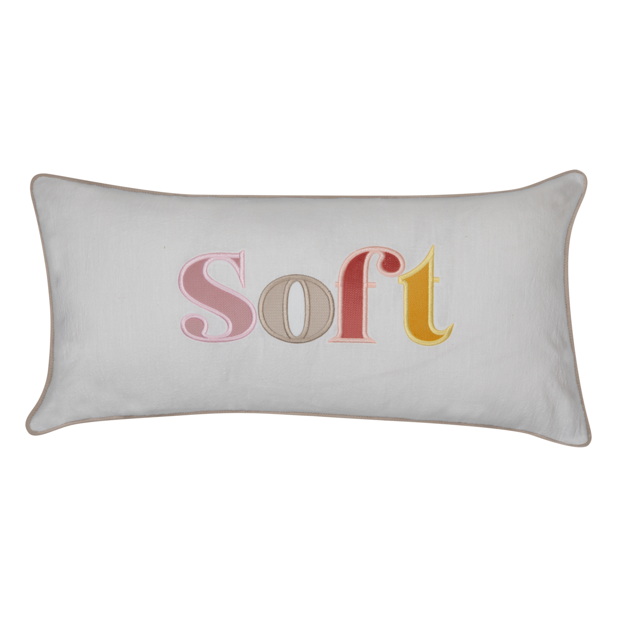 Decoratieve kussensloop met kleurrijk geborduurd opschrift "Soft"