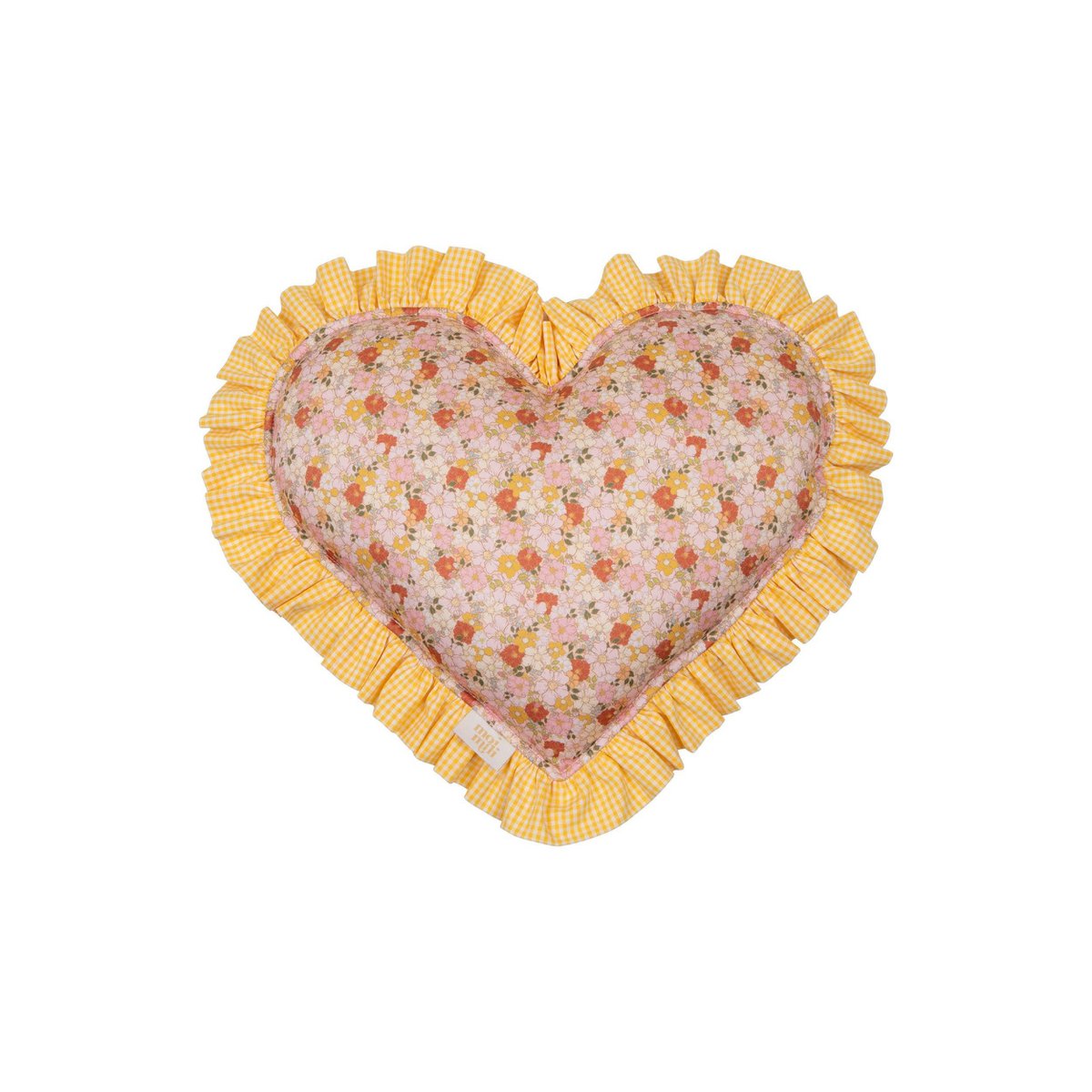 Dubbelzijdige hart piloow met een gele franje in geruit, valentijnscadeau voor haar, paas en springdecor, babydouche cadeau voor meisje