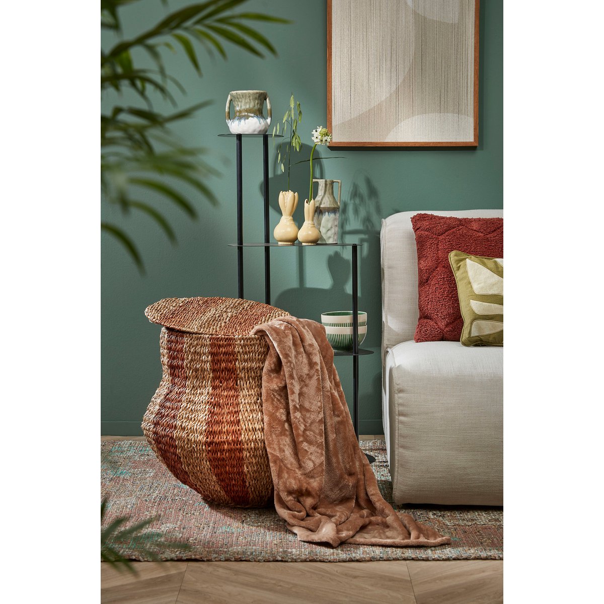 Tacoma Opbergmand met Deksel - H47 x Ø50 cm - Jute - Oranje