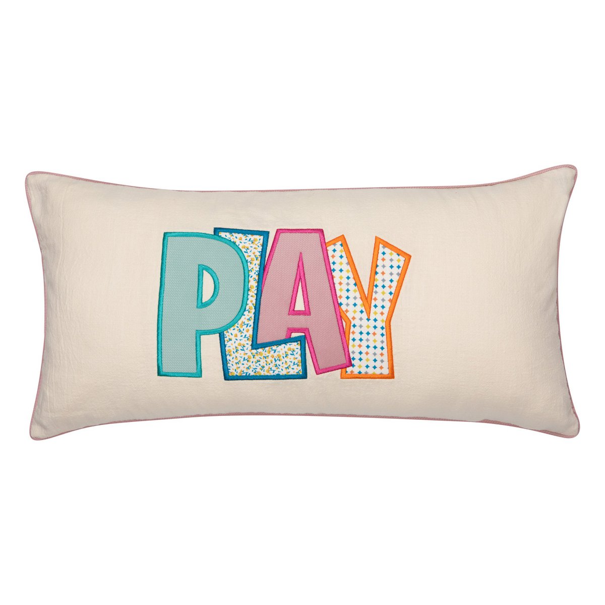 Decoratieve kussensloop met kleurrijk geborduurd opschrift "Play 2"