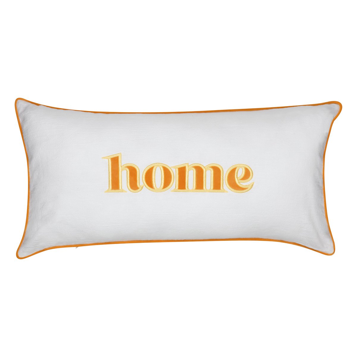 Decoratieve kussensloop met geel geborduurd opschrift "Home"