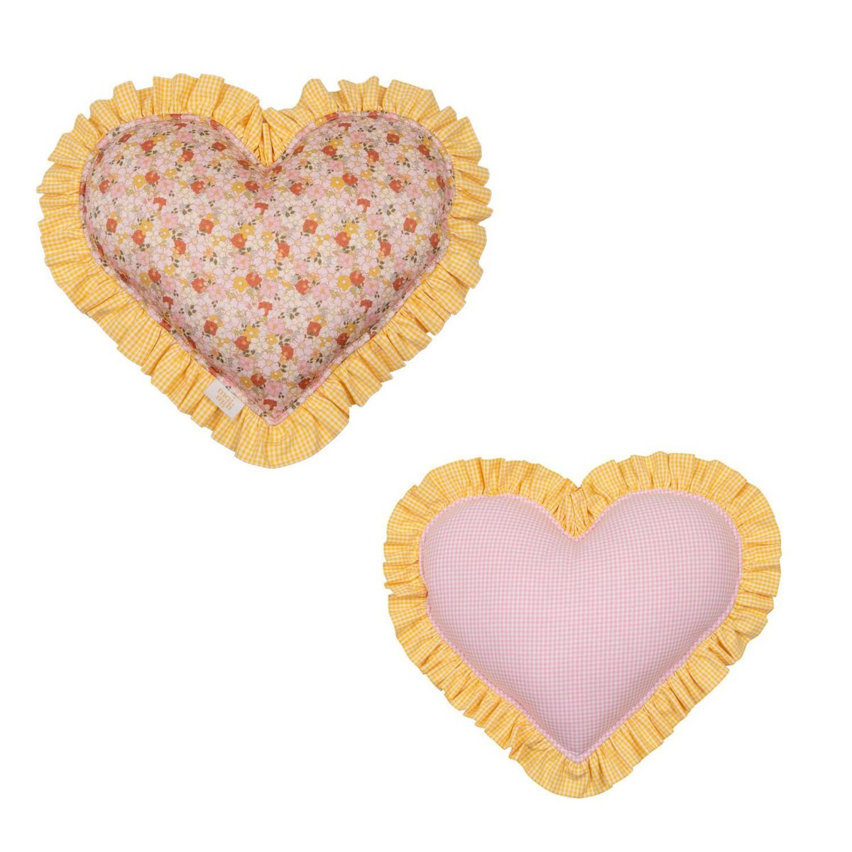Dubbelzijdige hart piloow met een gele franje in geruit, valentijnscadeau voor haar, paas en springdecor, babydouche cadeau voor meisje