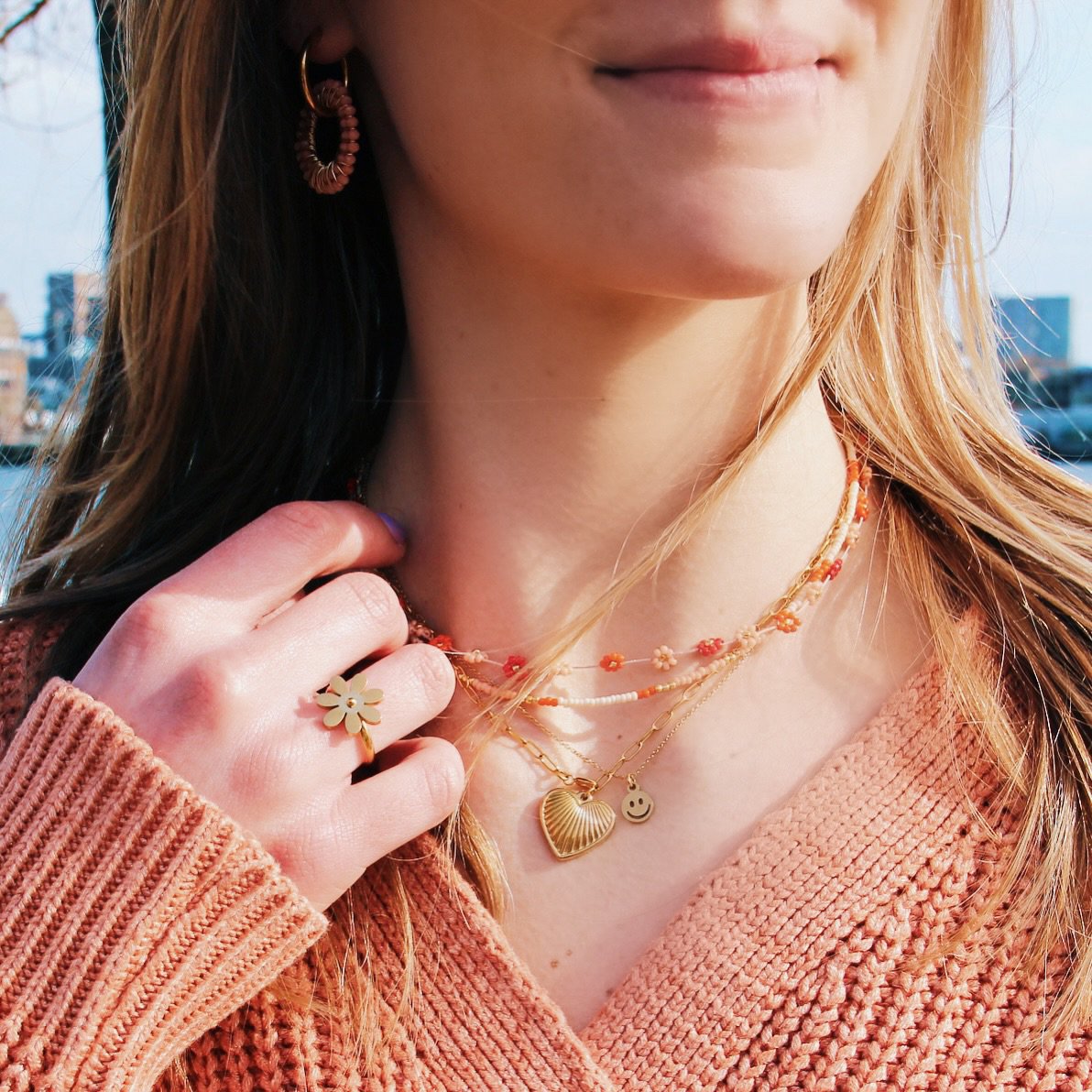 RVS D-chain ketting met versierd hart - goud