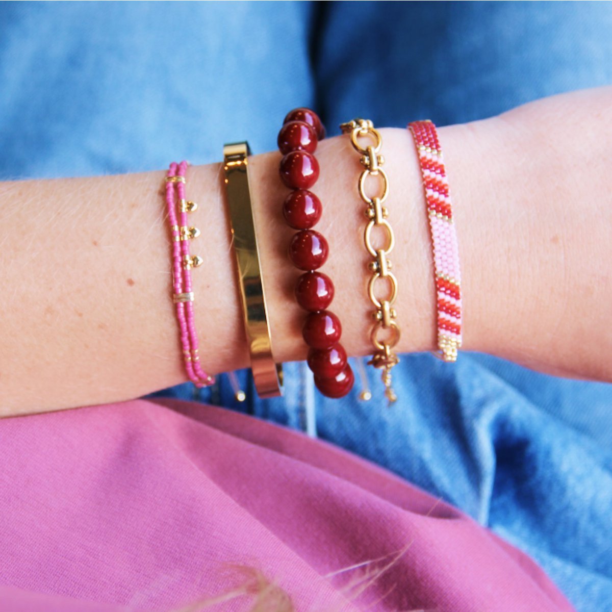 Natuursteen kralen armband xl - bordeaux