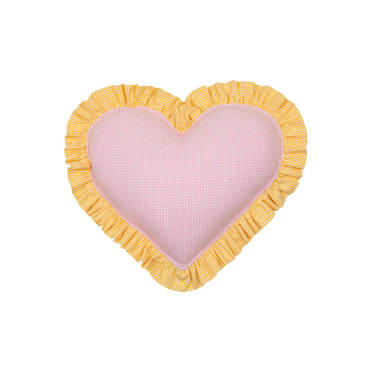 Dubbelzijdige hart piloow met een gele franje in geruit, valentijnscadeau voor haar, paas en springdecor, babydouche cadeau voor meisje