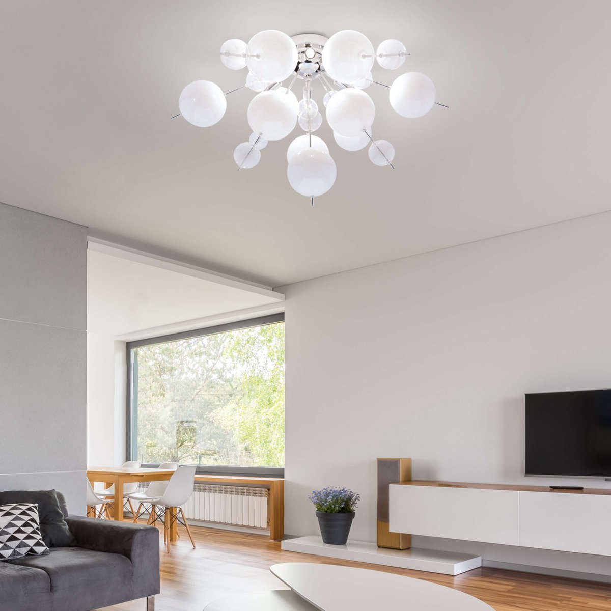 Plafondlamp "explosie" wit gemaakt van metaal en glas, G9 -versies, plafondlamp voor eetkamer, woonkamer, gang of kantoor, Ø57 cm