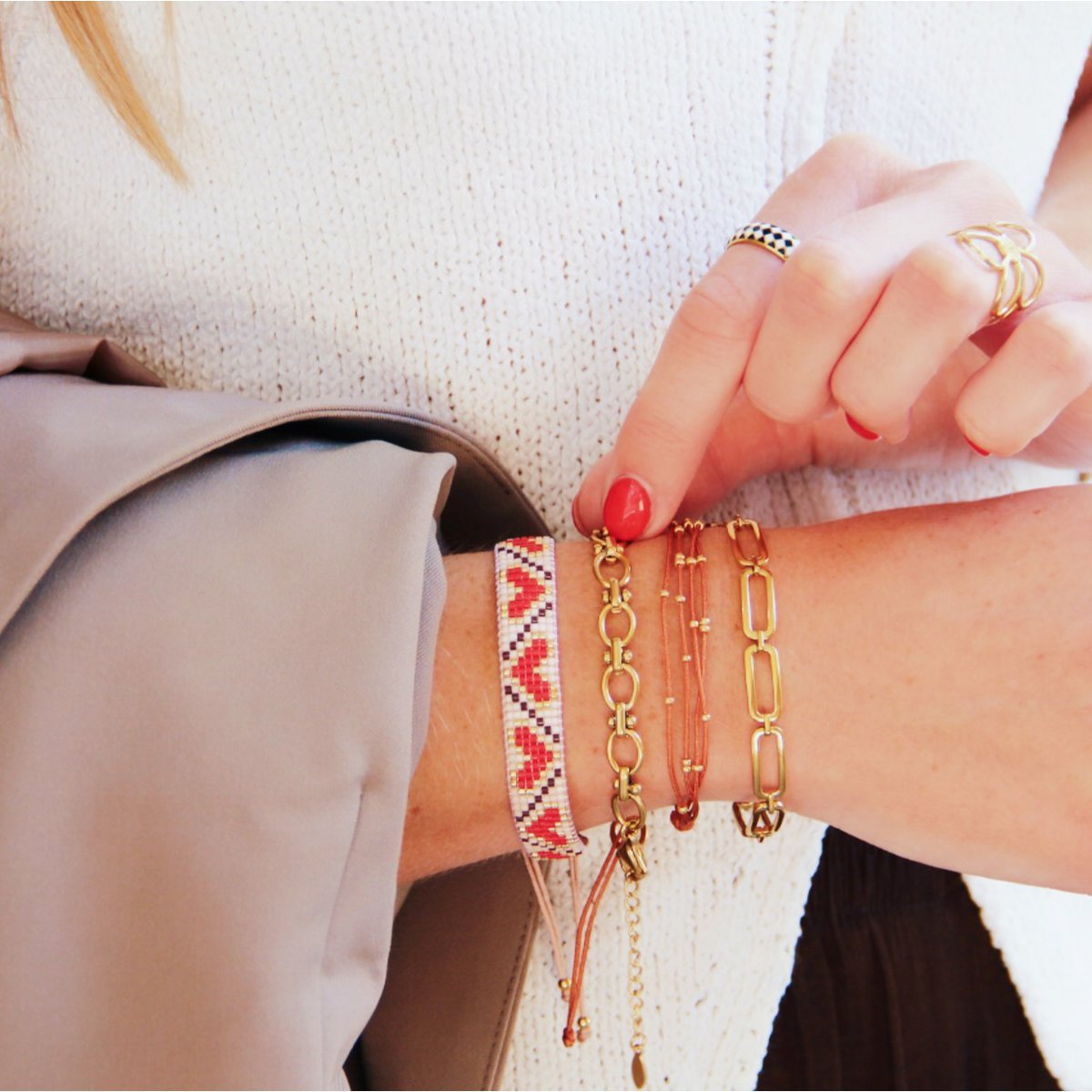 Hartpatroon geweven armband - rood/bruin