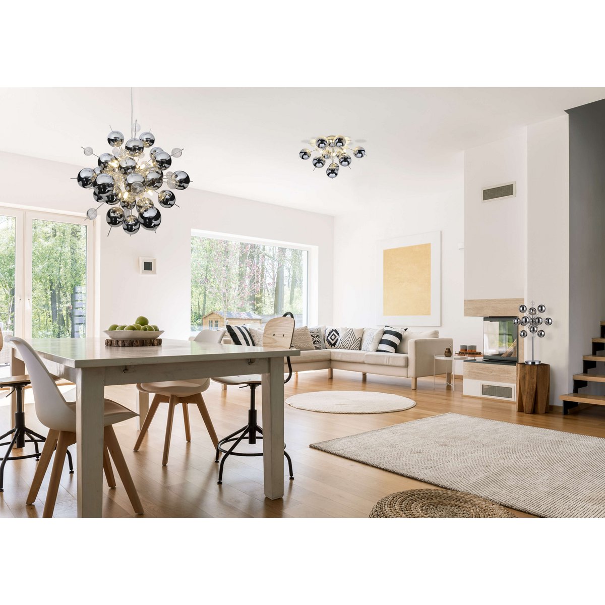 Plafondlamp "explosie" chroom gemaakt van metaal en glas, G9 -versies, plafondlamp voor eetkamer, woonkamer, gang of kantoor, Ø57 cm