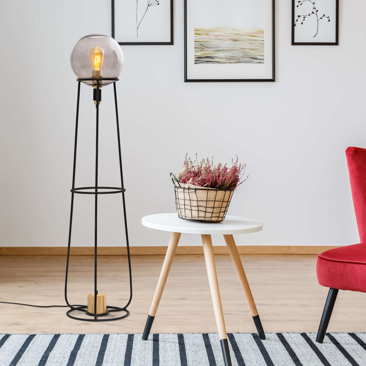 Stapellamp "stelo", moderne vloerlamp gemaakt van zwart metaal en rookglas, E27 -aansluiting, 128,5 cm hoog, voor eetkamer, woonkamer, gang of kantoor,