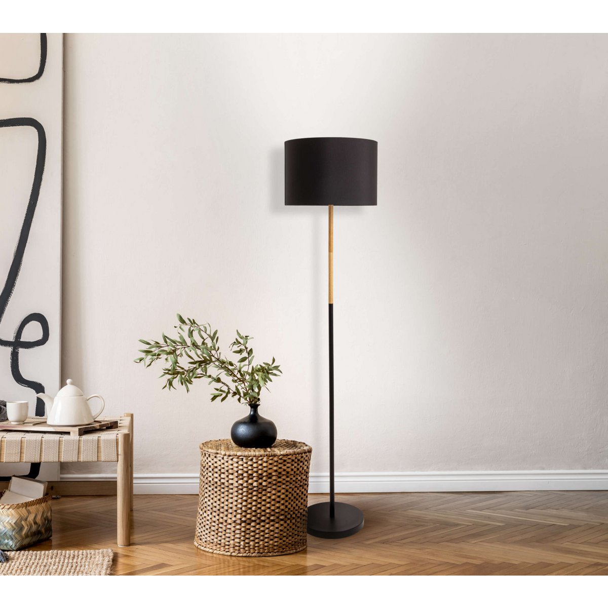 Textiel staande lamp "Tessile", vloerlamp gemaakt van metaal, rubberen boom en stof in zwart en natuur, E27 -aansluiting, 126 cm hoog