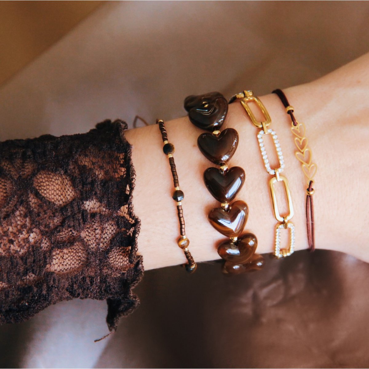 Kralenarmband van hartvormig hars XL - bruin