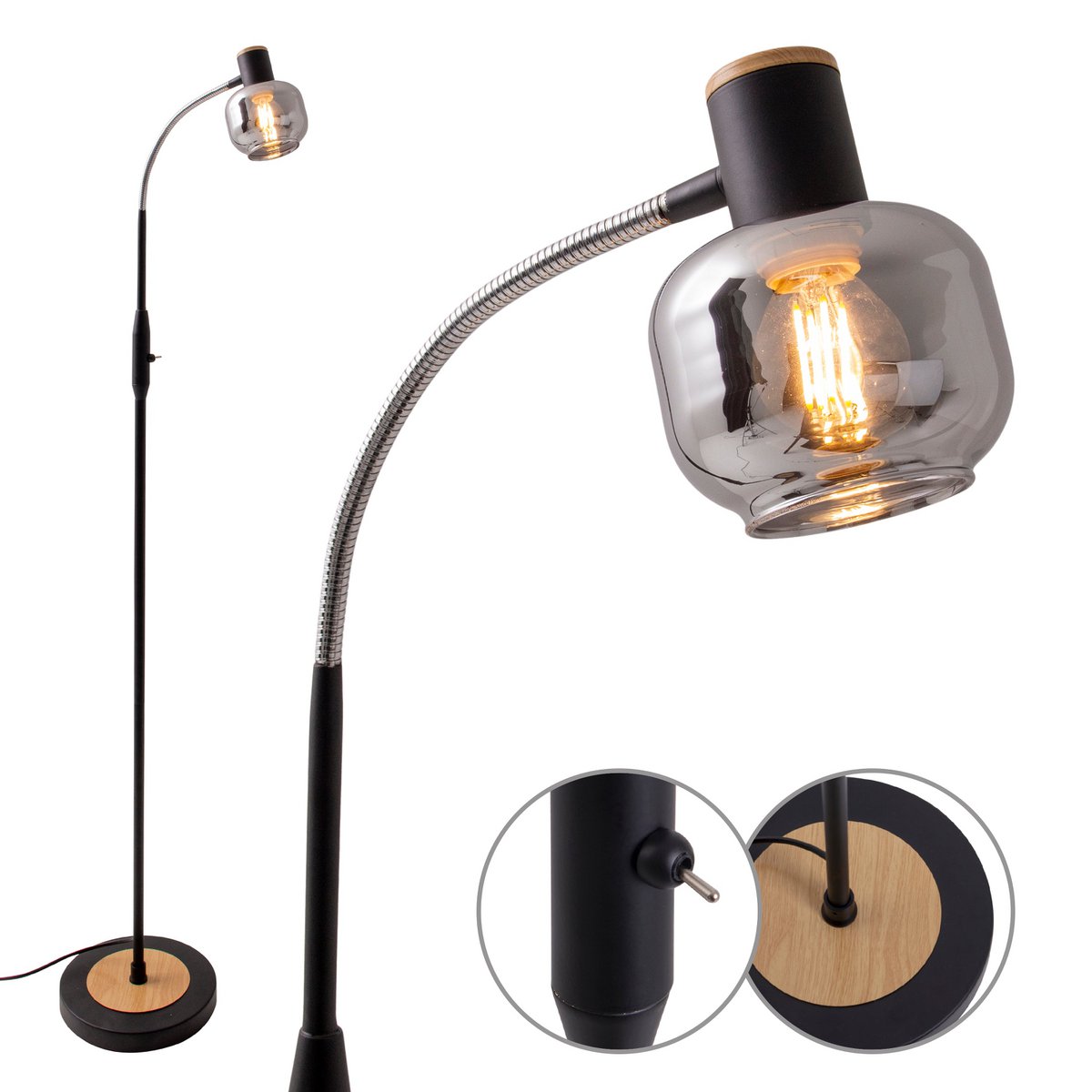 Glas-stand-lamp "Fumoso", vloerlamp gemaakt van metaal en glas in zwart, met E14-aansluiting, voor eetkamer, woonkamer, hal of kantoor, vloerlamp binnen, 150 cm hoog.