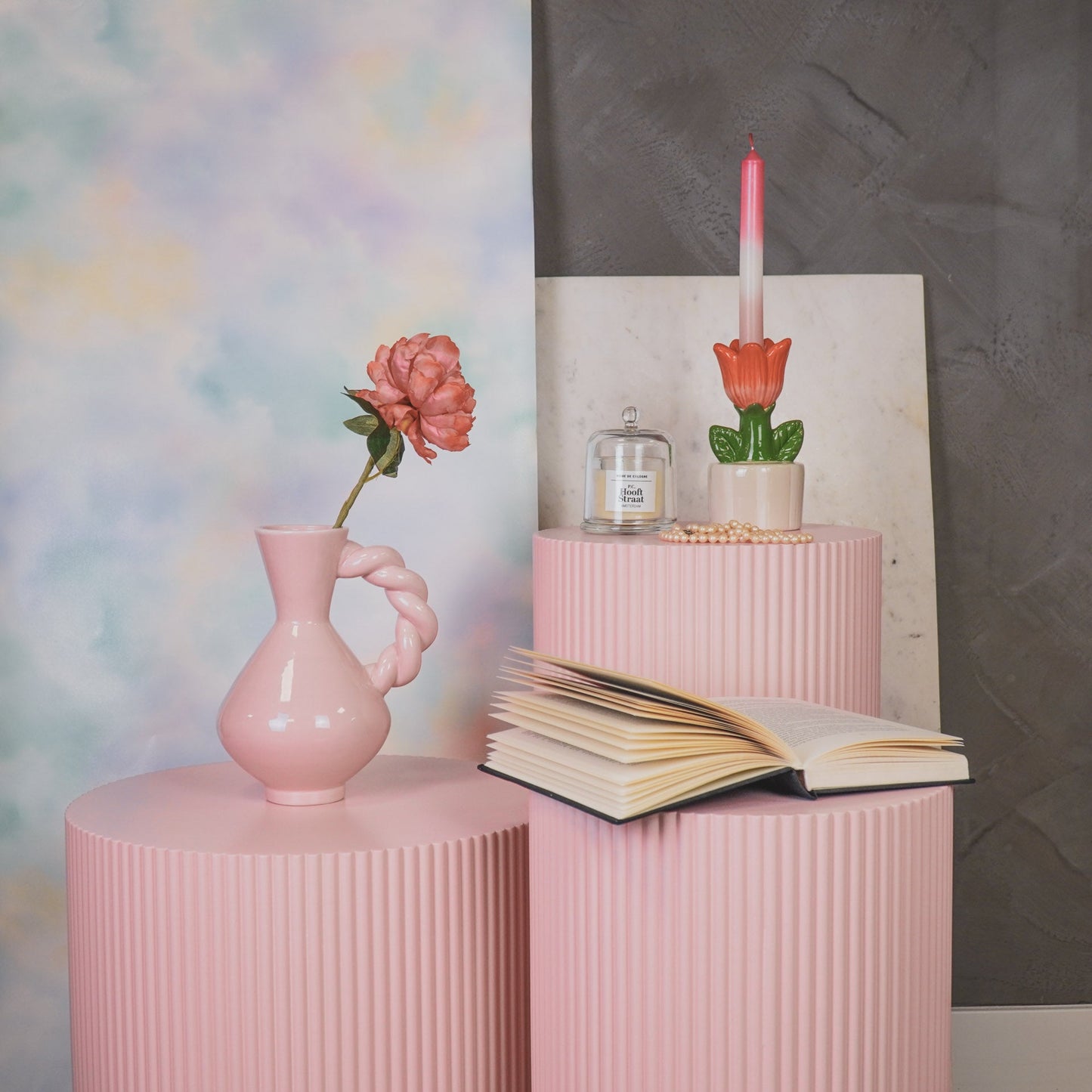 Bijzettafel /Pilaar- Cilinder - MDF - Licht Roze - 30x30x65cm