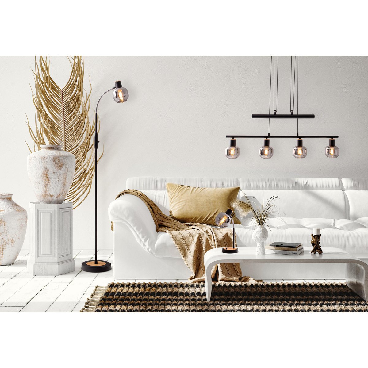 Glas-stand-lamp "Fumoso", vloerlamp gemaakt van metaal en glas in zwart, met E14-aansluiting, voor eetkamer, woonkamer, hal of kantoor, vloerlamp binnen, 150 cm hoog.