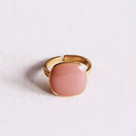Stalen ring met vierkante steen - oud roze