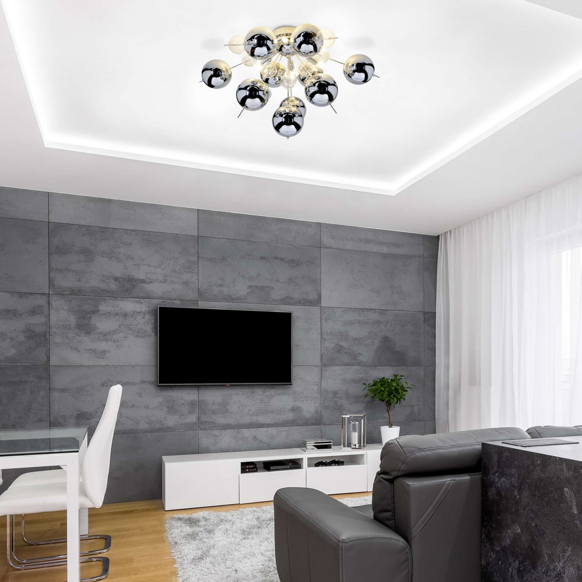 Plafondlamp "explosie" chroom gemaakt van metaal en glas, G9 -versies, plafondlamp voor eetkamer, woonkamer, gang of kantoor, Ø57 cm