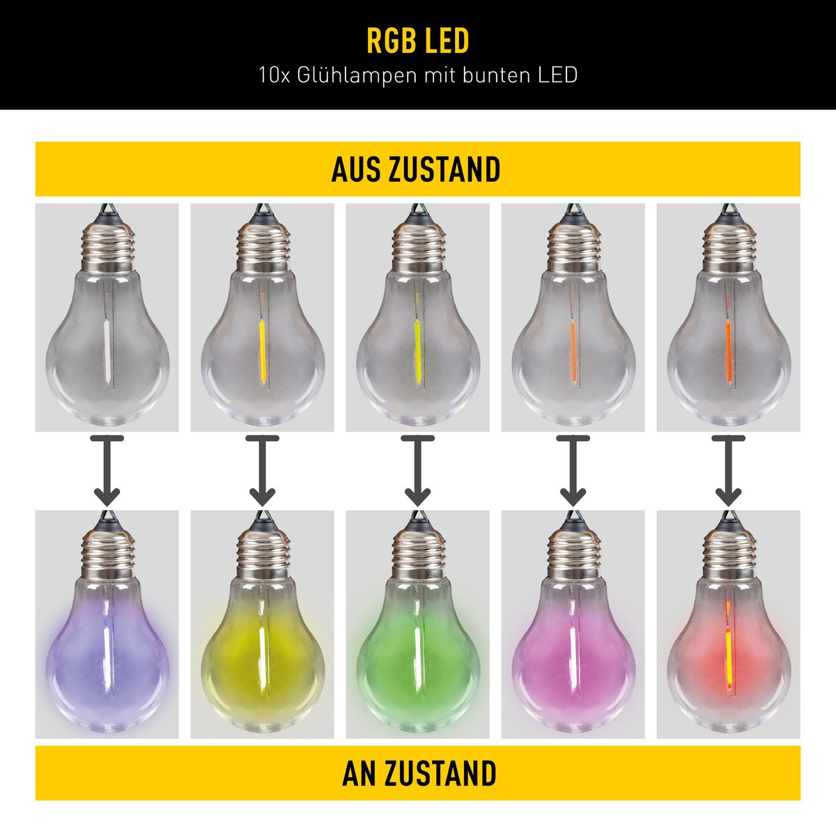 10-geleide zonne-buitenkant lichte keten "Linda" Totale lengte 370 cm, 10 ballen (afstand 20 cm) met Ø 6 cm, plastic, RGB kleurverandering