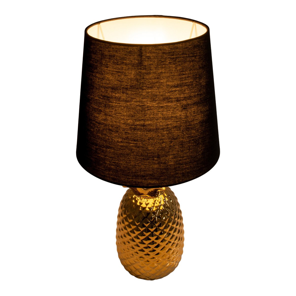 Keramische tafellamp "ananas", tafellamp gemaakt van keramiek met goudkleurig glazuur en zwart stofscherm, met E14-aansluiting, voor eetkamer, woonkamer, gang of kantoor, tafellamp 45 cm hoog