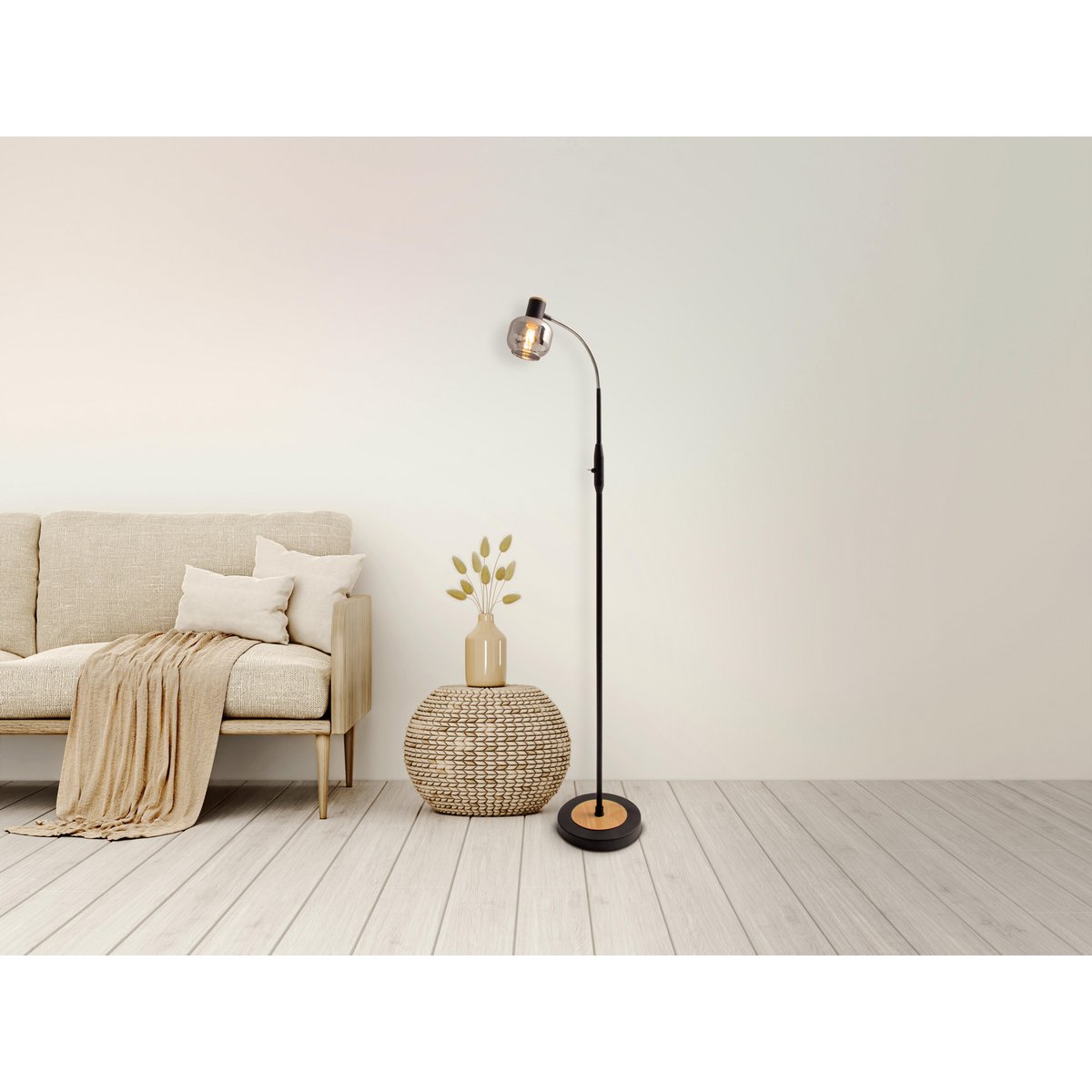 Glas-stand-lamp "Fumoso", vloerlamp gemaakt van metaal en glas in zwart, met E14-aansluiting, voor eetkamer, woonkamer, hal of kantoor, vloerlamp binnen, 150 cm hoog.