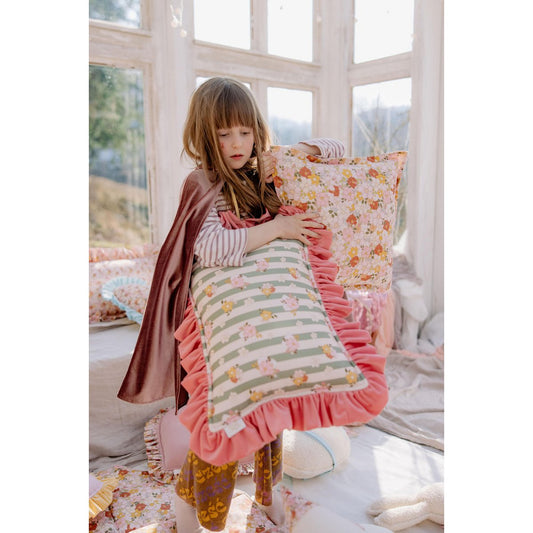 Leer decoratief kussen met franje "roze tuin" bloemen motief voor woonkamer, ruches fluwelen kussen, blush fluwelen kussen, cadeau voor haar