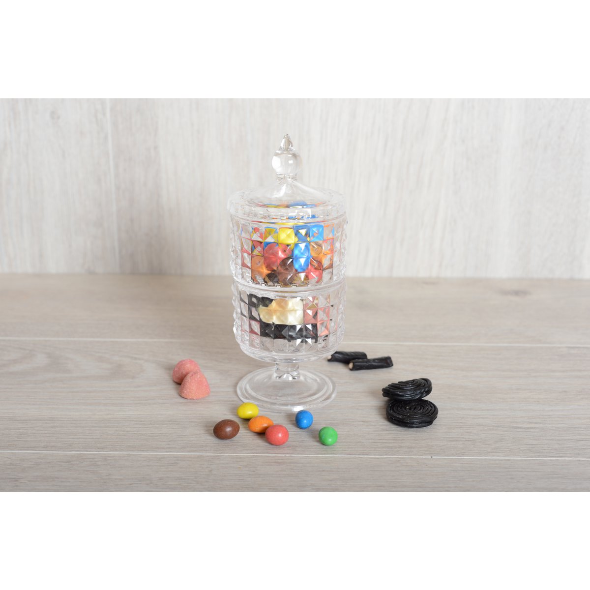 Bonbonnière 2 lagen  in staand glas met H24cm