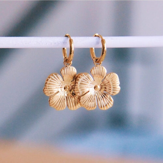 Roestvrijstalen hoepel oorbellen met open bloemkopie