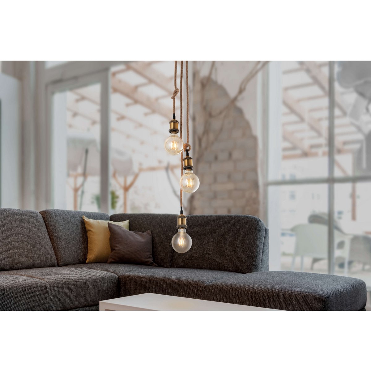 3 Metal Baldachin "Ontario" decoratieve hanglamp gemaakt van metaal in alt-messing en jute, E27-versies, verlichting voor woonkamers of kantoor.