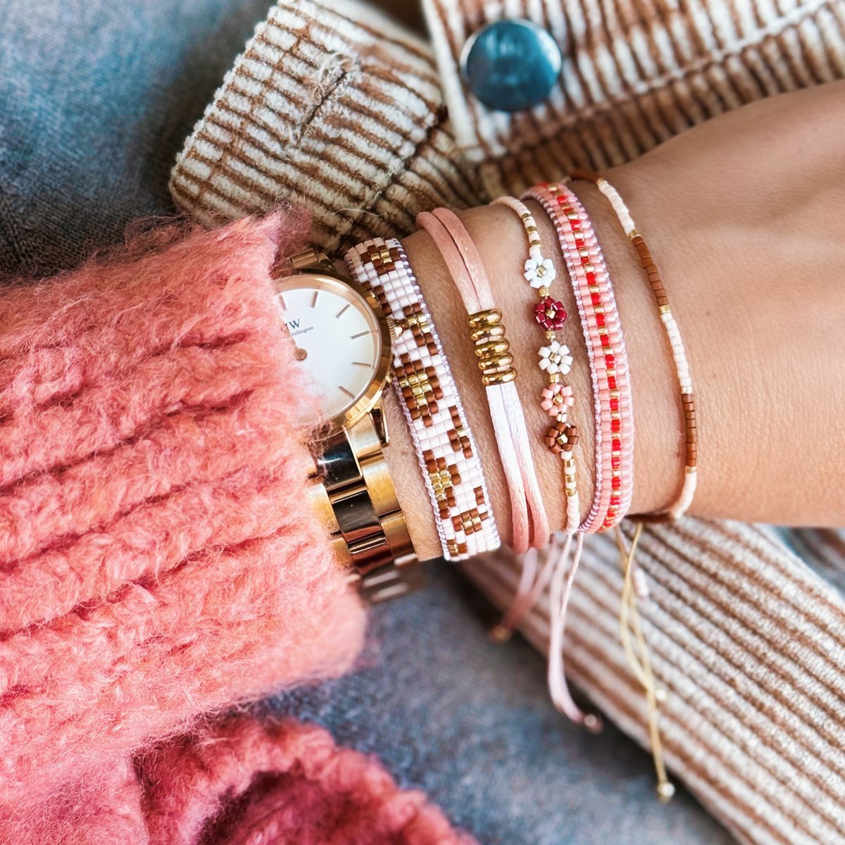 Weefarmband met luipaardprint - cognac/perzik