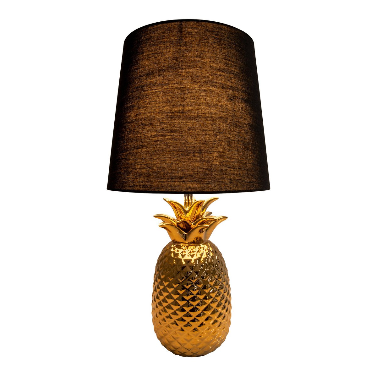 Keramische tafellamp "ananas", tafellamp gemaakt van keramiek met goudkleurig glazuur en zwart stofscherm, met E14-aansluiting, voor eetkamer, woonkamer, gang of kantoor, tafellamp 45 cm hoog