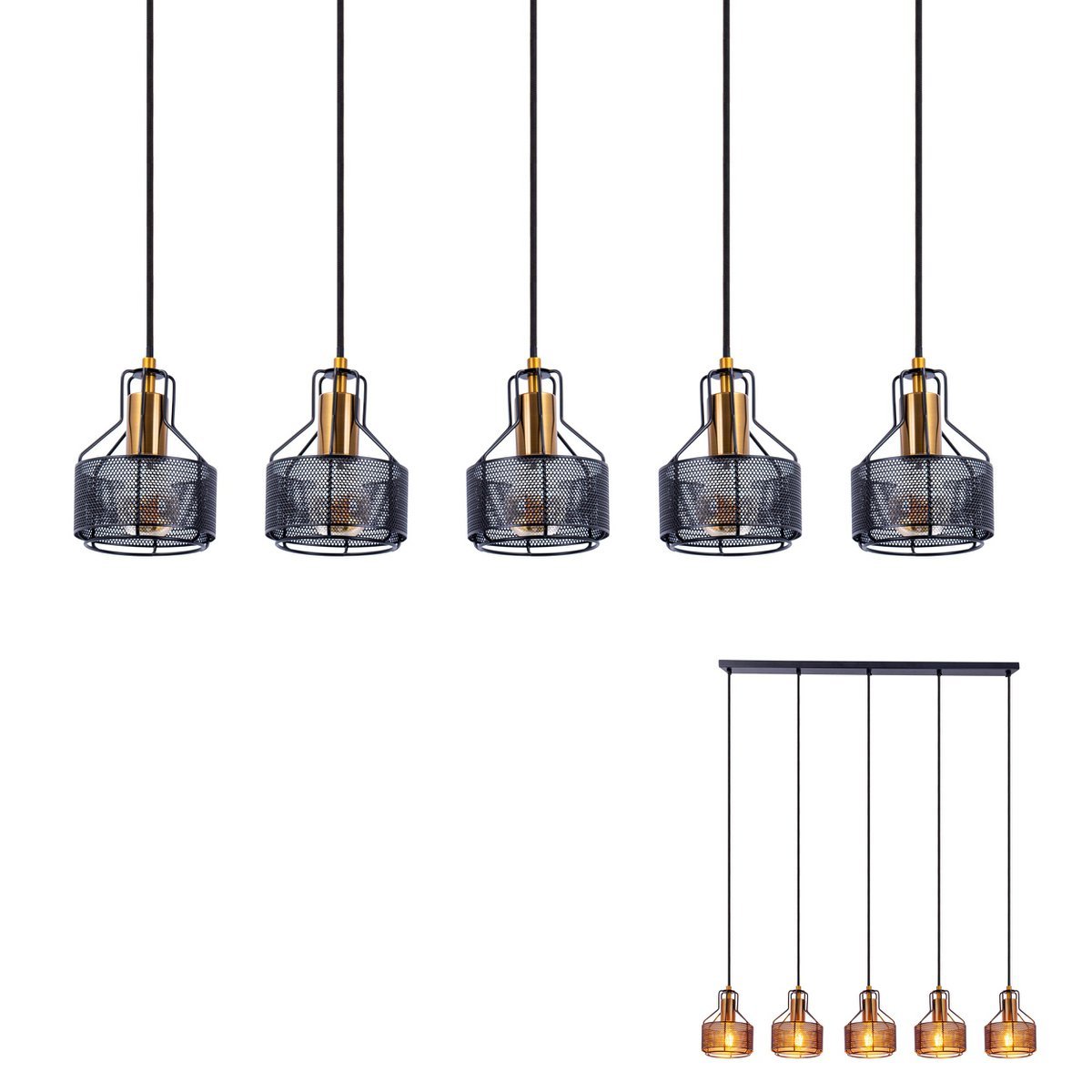 5 hanger lamp "foro" retro hanger lamp gemaakt van metaal in zwart en goud met E27 -versies, 96 cm lang. Stijlvolle verlichting voor woonkamer, eetkamer of keuken.