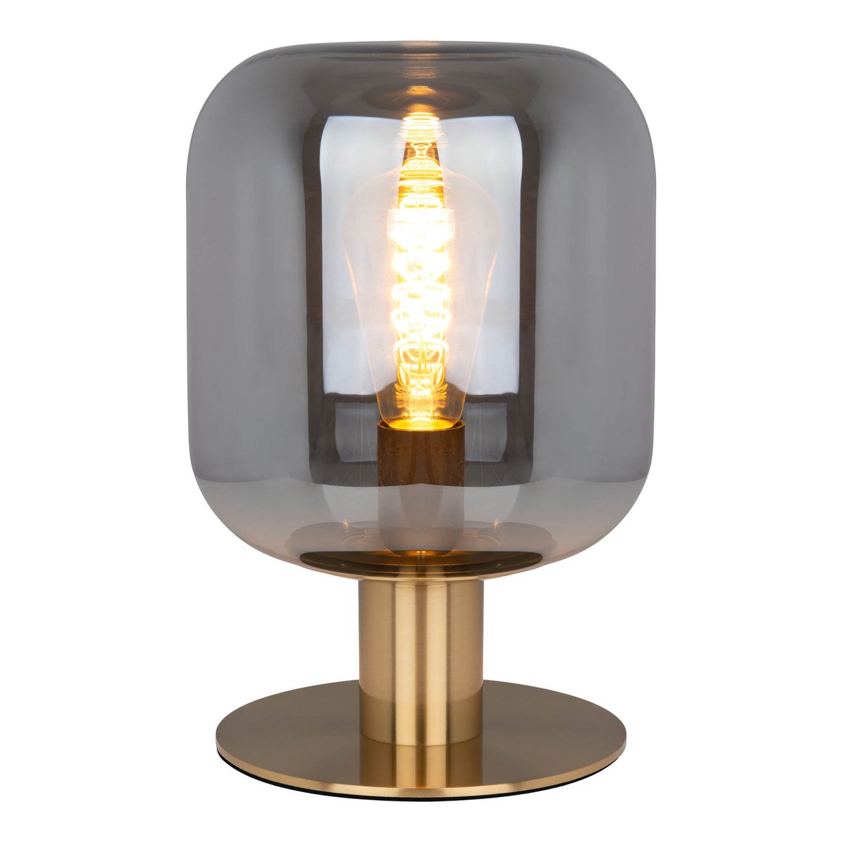 Glazen tafellicht "Alessio", 30 cm hoog, Ø 20 cm, goudkleurig metaal, rookglas, E14