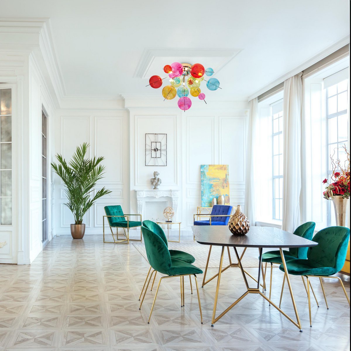 Plafondlamp "explosie" gekleurd gemaakt van metaal en glas, G9 -frames, plafondlamp voor eetkamer, woonkamer, gang of kantoor, Ø57 cm