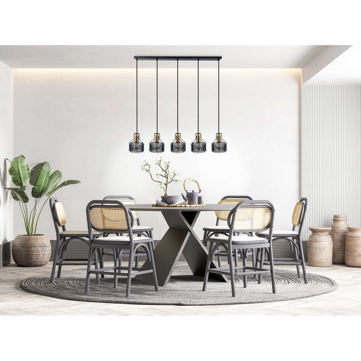 5 hanger lamp "foro" retro hanger lamp gemaakt van metaal in zwart en goud met E27 -versies, 96 cm lang. Stijlvolle verlichting voor woonkamer, eetkamer of keuken.
